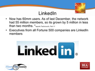 Now has 60mm users. As of last December, the network had 55 million members, so its grown by 5 million in less than two months. * reports Techcrunch , Feb 11   Executives from all Fortune 500 companies are LinkedIn members LinkedIn 
