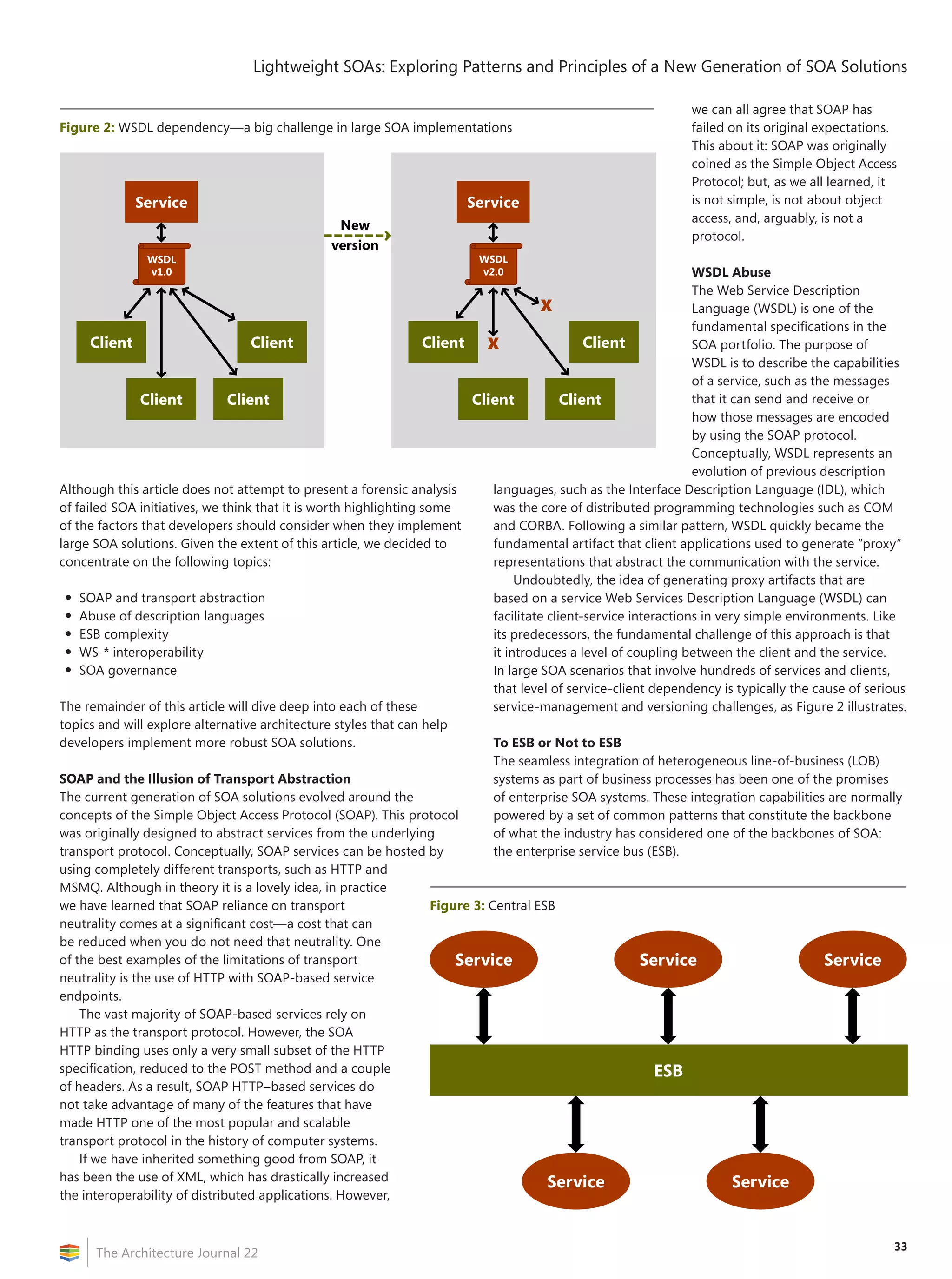 33
Lightweight SOAs: Exploring Patterns and Principles of a New Generation of SOA Solutions
The Architecture Journal 22
Although this article does not attempt to present a forensic analysis
of failed SOA initiatives, we think that it is worth highlighting some
of the factors that developers should consider when they implement
large SOA solutions. Given the extent of this article, we decided to
concentrate on the following topics:
•	SOAP and transport abstraction
•	Abuse of description languages
•	ESB complexity
•	WS-* interoperability
•	SOA governance
The remainder of this article will dive deep into each of these
topics and will explore alternative architecture styles that can help
developers implement more robust SOA solutions.
SOAP and the Illusion of Transport Abstraction
The current generation of SOA solutions evolved around the
concepts of the Simple Object Access Protocol (SOAP). This protocol
was originally designed to abstract services from the underlying
transport protocol. Conceptually, SOAP services can be hosted by
using completely different transports, such as HTTP and
MSMQ. Although in theory it is a lovely idea, in practice
we have learned that SOAP reliance on transport
neutrality comes at a significant cost—a cost that can
be reduced when you do not need that neutrality. One
of the best examples of the limitations of transport
neutrality is the use of HTTP with SOAP-based service
endpoints.
The vast majority of SOAP-based services rely on
HTTP as the transport protocol. However, the SOA
HTTP binding uses only a very small subset of the HTTP
specification, reduced to the POST method and a couple
of headers. As a result, SOAP HTTP–based services do
not take advantage of many of the features that have
made HTTP one of the most popular and scalable
transport protocol in the history of computer systems.
If we have inherited something good from SOAP, it
has been the use of XML, which has drastically increased
the interoperability of distributed applications. However,
we can all agree that SOAP has
failed on its original expectations.
This about it: SOAP was originally
coined as the Simple Object Access
Protocol; but, as we all learned, it
is not simple, is not about object
access, and, arguably, is not a
protocol.
WSDL Abuse
The Web Service Description
Language (WSDL) is one of the
fundamental specifications in the
SOA portfolio. The purpose of
WSDL is to describe the capabilities
of a service, such as the messages
that it can send and receive or
how those messages are encoded
by using the SOAP protocol.
Conceptually, WSDL represents an
evolution of previous description
languages, such as the Interface Description Language (IDL), which
was the core of distributed programming technologies such as COM
and CORBA. Following a similar pattern, WSDL quickly became the
fundamental artifact that client applications used to generate “proxy”
representations that abstract the communication with the service.
Undoubtedly, the idea of generating proxy artifacts that are
based on a service Web Services Description Language (WSDL) can
facilitate client-service interactions in very simple environments. Like
its predecessors, the fundamental challenge of this approach is that
it introduces a level of coupling between the client and the service.
In large SOA scenarios that involve hundreds of services and clients,
that level of service-client dependency is typically the cause of serious
service-management and versioning challenges, as Figure 2 illustrates.
To ESB or Not to ESB
The seamless integration of heterogeneous line-of-business (LOB)
systems as part of business processes has been one of the promises
of enterprise SOA systems. These integration capabilities are normally
powered by a set of common patterns that constitute the backbone
of what the industry has considered one of the backbones of SOA:
the enterprise service bus (ESB).
Figure 2: WSDL dependency—a big challenge in large SOA implementations
Service
Client
WSDL
v1.0
Client
ClientClient
New
version
Service
Client
WSDL
v2.0
Client
ClientClient
Figure 3: Central ESB
ESB
Service Service Service
Service Service
 