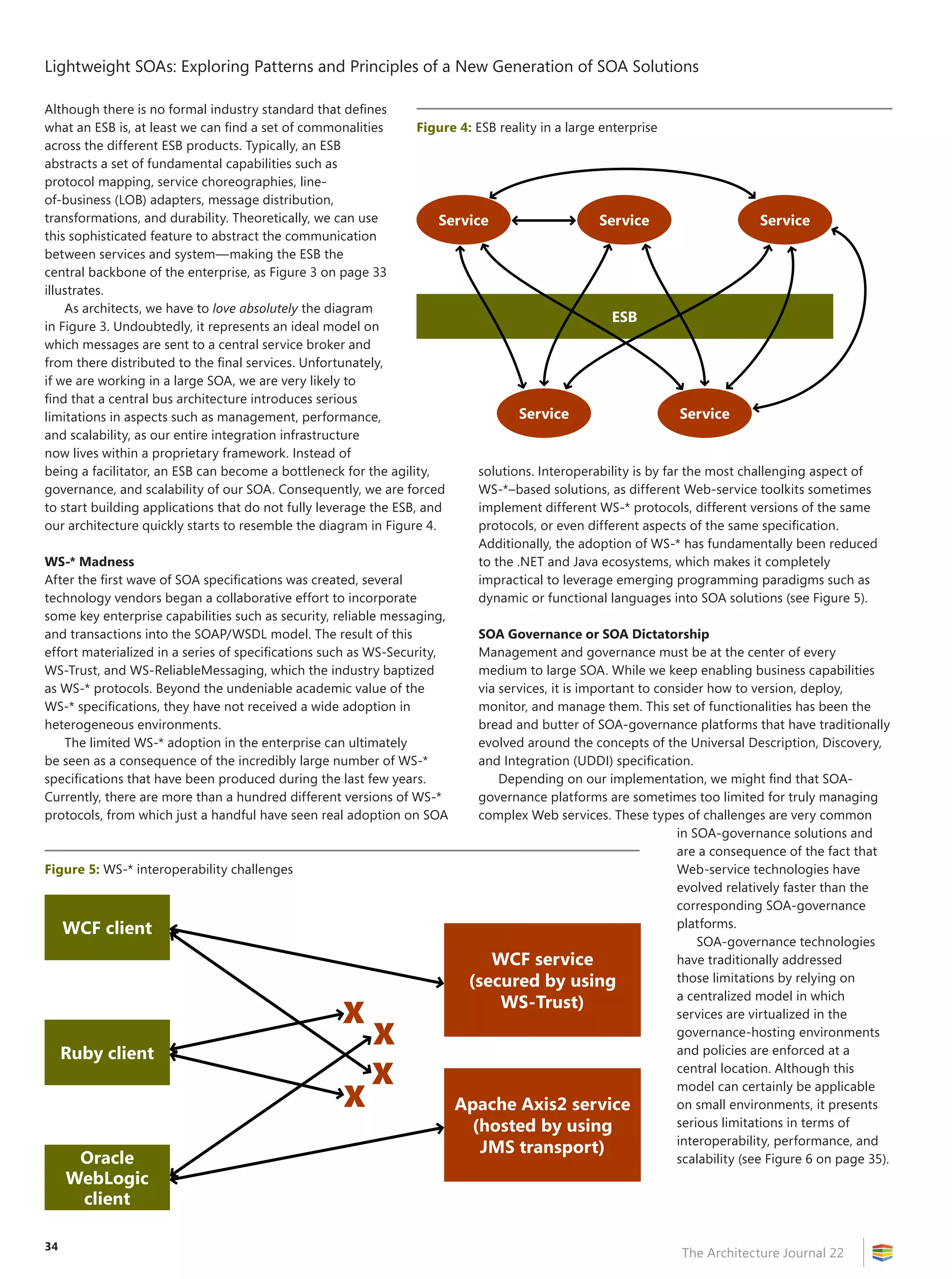 Lightweight SOAs: Exploring Patterns and Principles of a New Generation of SOA Solutions
The Architecture Journal 22
34
Although there is no formal industry standard that defines
what an ESB is, at least we can find a set of commonalities
across the different ESB products. Typically, an ESB
abstracts a set of fundamental capabilities such as
protocol mapping, service choreographies, line-
of-business (LOB) adapters, message distribution,
transformations, and durability. Theoretically, we can use
this sophisticated feature to abstract the communication
between services and system—making the ESB the
central backbone of the enterprise, as Figure 3 on page 33
illustrates.
As architects, we have to love absolutely the diagram
in Figure 3. Undoubtedly, it represents an ideal model on
which messages are sent to a central service broker and
from there distributed to the final services. Unfortunately,
if we are working in a large SOA, we are very likely to
find that a central bus architecture introduces serious
limitations in aspects such as management, performance,
and scalability, as our entire integration infrastructure
now lives within a proprietary framework. Instead of
being a facilitator, an ESB can become a bottleneck for the agility,
governance, and scalability of our SOA. Consequently, we are forced
to start building applications that do not fully leverage the ESB, and
our architecture quickly starts to resemble the diagram in Figure 4.
WS-* Madness
After the first wave of SOA specifications was created, several
technology vendors began a collaborative effort to incorporate
some key enterprise capabilities such as security, reliable messaging,
and transactions into the SOAP/WSDL model. The result of this
effort materialized in a series of specifications such as WS-Security,
WS-Trust, and WS-ReliableMessaging, which the industry baptized
as WS-* protocols. Beyond the undeniable academic value of the
WS-* specifications, they have not received a wide adoption in
heterogeneous environments.
The limited WS-* adoption in the enterprise can ultimately
be seen as a consequence of the incredibly large number of WS-*
specifications that have been produced during the last few years.
Currently, there are more than a hundred different versions of WS-*
protocols, from which just a handful have seen real adoption on SOA
solutions. Interoperability is by far the most challenging aspect of
WS-*–based solutions, as different Web-service toolkits sometimes
implement different WS-* protocols, different versions of the same
protocols, or even different aspects of the same specification.
Additionally, the adoption of WS-* has fundamentally been reduced
to the .NET and Java ecosystems, which makes it completely
impractical to leverage emerging programming paradigms such as
dynamic or functional languages into SOA solutions (see Figure 5).
SOA Governance or SOA Dictatorship
Management and governance must be at the center of every
medium to large SOA. While we keep enabling business capabilities
via services, it is important to consider how to version, deploy,
monitor, and manage them. This set of functionalities has been the
bread and butter of SOA-governance platforms that have traditionally
evolved around the concepts of the Universal Description, Discovery,
and Integration (UDDI) specification.
Depending on our implementation, we might find that SOA-
governance platforms are sometimes too limited for truly managing
complex Web services. These types of challenges are very common
in SOA-governance solutions and
are a consequence of the fact that
Web-service technologies have
evolved relatively faster than the
corresponding SOA-governance
platforms.
SOA-governance technologies
have traditionally addressed
those limitations by relying on
a centralized model in which
services are virtualized in the
governance-hosting environments
and policies are enforced at a
central location. Although this
model can certainly be applicable
on small environments, it presents
serious limitations in terms of
interoperability, performance, and
scalability (see Figure 6 on page 35).
Figure 4: ESB reality in a large enterprise
ESB
Service Service Service
Service Service
Figure 5: WS-* interoperability challenges
WCF service
(secured by using
WS-Trust)
WCF client
Oracle
WebLogic
client
Ruby client
Apache Axis2 service
(hosted by using
JMS transport)
 