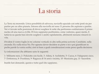 La storia
La Terra sta morendo. Unica possibilità di salvezza, navicella spaziale con sette posti sta per
partire per un altro pianeta. Intorno alla navicella mi sono 11 persone che aspirano a partire.
Voi vi trovate nella posizione di dover scegliere le sette che partiranno costituiranno il primo
nucleo di una nuova civiltà. Di loro sappiamo pochissimo, come vedremo, quasi niente, E
tuttavia su queste basi dovete scegliere e anche rapidamente, altrimenti nessuno rimarrà in
vita.
Dividete il vostro foglio in tre colonne verticali; in alto nella prima scrivete: Candidati, sulla
seconda: Sì e sulla terza No. Per ognuno dover decidere se parte o no e poi giustiﬁcare in
poche parole la vostra scelta; cioè in base a quali considerazioni avete preso quella decisione.
Le informazioni che abbiamo sono le seguenti:
1- Militante nero, 2- Poliziotto con fucile, 3- Atleta, 4- Architetto, 5- Cuoca, 6- Falegname cieco,
7- Dottoressa, 8- Prostituta, 9- Ragazza di 16 anni e incinta, 10- Musicista gay, 11- Sacerdote.
Inutile fare domande, questo e tutto quel che sappiamo.
6
 