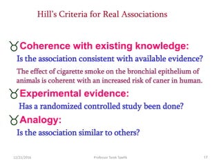 12/21/2016 Professor Tarek Tawfik 17
Hill’s Criteria for Real Associations
Coherence with existing knowledge:
Is the association consistent with available evidence?
The effect of cigarette smoke on the bronchial epithelium of
animals is coherent with an increased risk of caner in human.
Experimental evidence:
Has a randomized controlled study been done?
Analogy:
Is the association similar to others?
 