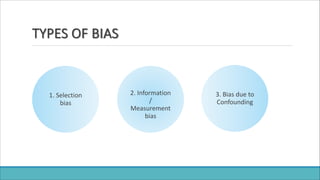 TYPES OF BIAS
1. Selection
bias
3. Bias due to
Confounding
2. Information
/
Measurement
bias
 