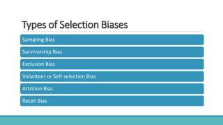 Types of Selection Biases
Sampling Bias
Survivorship Bias
Exclusion Bias
Volunteer or Self-selection Bias
Attrition Bias
Recall Bias
 