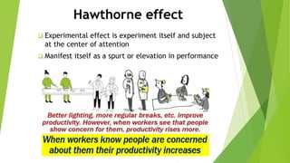 Hawthorne effect
 Experimental effect is experiment itself and subject
at the center of attention
 Manifest itself as a spurt or elevation in performance
 