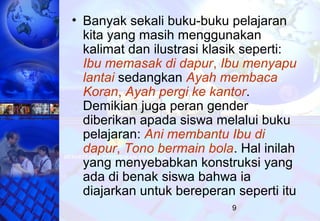 9
• Banyak sekali buku-buku pelajaran
kita yang masih menggunakan
kalimat dan ilustrasi klasik seperti:
Ibu memasak di dapur, Ibu menyapu
lantai sedangkan Ayah membaca
Koran, Ayah pergi ke kantor.
Demikian juga peran gender
diberikan apada siswa melalui buku
pelajaran: Ani membantu Ibu di
dapur, Tono bermain bola. Hal inilah
yang menyebabkan konstruksi yang
ada di benak siswa bahwa ia
diajarkan untuk bereperan seperti itu
 