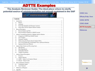 Cytel Inc. - Confidential [A. Tinazzi – CDISC SDTM and ADaM for survival data – BIAS 2014 Genoa 30-31 October 2014] 
31 
ADTTE Examples 
The Analysis Reviewer Guide: The ideal place where to clarify 
potential source of misinterpretation not enough explained in the SAP 
CDISC Intro 
Efficacy Endp. Onco 
CDISC SDTM 
CDSIC ADaM 
ADTTE Examples 
References 
 