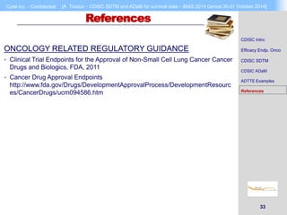 Cytel Inc. - Confidential [A. Tinazzi – CDISC SDTM and ADaM for survival data – BIAS 2014 Genoa 30-31 October 2014] 
33 
References 
ONCOLOGY RELATED REGULATORY GUIDANCE 
 Clinical Trial Endpoints for the Approval of Non-Small Cell Lung Cancer Cancer 
Drugs and Biologics, FDA, 2011 
 Cancer Drug Approval Endpoints 
http://www.fda.gov/Drugs/DevelopmentApprovalProcess/DevelopmentResourc 
es/CancerDrugs/ucm094586.htm 
CDISC Intro 
Efficacy Endp. Onco 
CDISC SDTM 
CDSIC ADaM 
ADTTE Examples 
References 
 