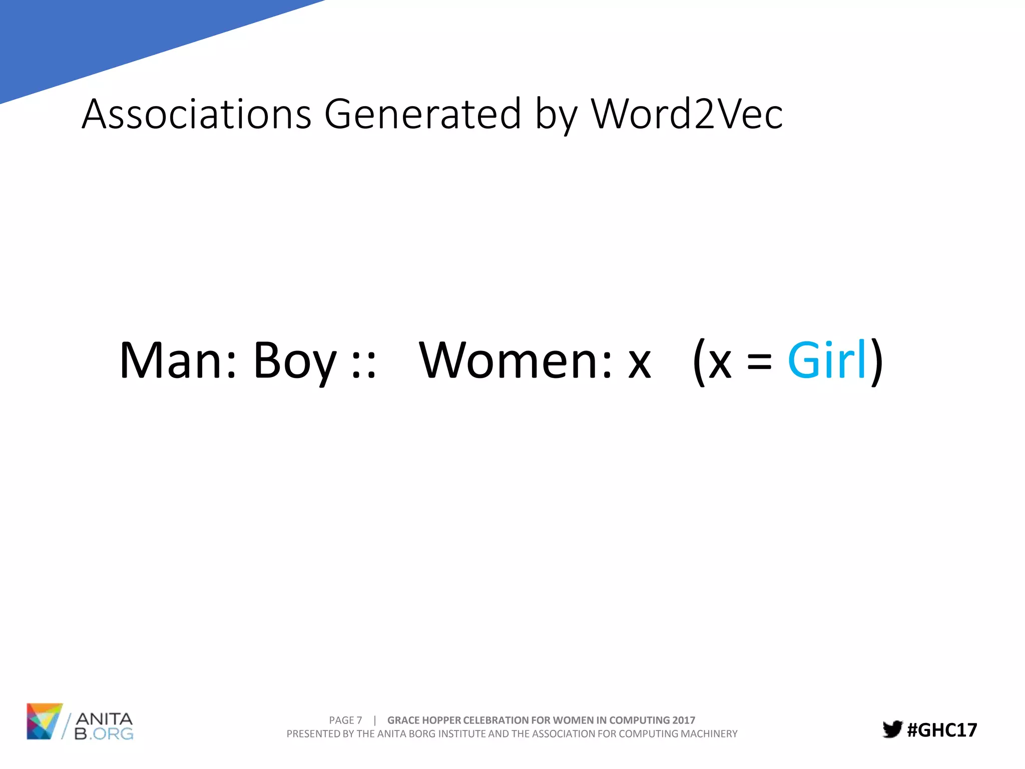 PAGE 7 | GRACE HOPPER CELEBRATION FOR WOMEN IN COMPUTING 2017
PRESENTED BY THE ANITA BORG INSTITUTE AND THE ASSOCIATION FOR COMPUTING MACHINERY #GHC17
Associations Generated by Word2Vec
Man: Boy :: Women: x (x = Girl)
 