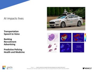 PAGE 5 | GRACE HOPPER CELEBRATION FOR WOMEN IN COMPUTING 2017
PRESENTED BY THE ANITA BORG INSTITUTE AND THE ASSOCIATION FOR COMPUTING MACHINERY #GHC17
AI impacts lives
Transportation
Speech to Voice
Banking
Recruitment
Advertising
Predictive Policing
Health and Medicine
 