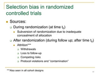 15
Selection bias in randomized
controlled trials
 Sources:
 During randomization (at time t0)
 Subversion of randomization due to inadequate
concealment of allocation
 After randomization (during follow up; after time t0)
 Attrition***
 Withdrawals
 Loss to follow-up
 Competing risks
 Protocol violations and “contamination”
***Also seen in all cohort designs
 