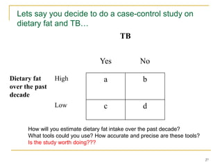 27
Lets say you decide to do a case-control study on
dietary fat and TB…
TB
Yes No
Dietary fat
over the past
decade
High a b
Low c d
How will you estimate dietary fat intake over the past decade?
What tools could you use? How accurate and precise are these tools?
Is the study worth doing???
 