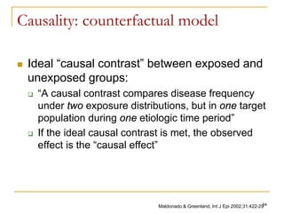 54
Causality: counterfactual model
 Ideal “causal contrast” between exposed and
unexposed groups:
 “A causal contrast compares disease frequency
under two exposure distributions, but in one target
population during one etiologic time period”
 If the ideal causal contrast is met, the observed
effect is the “causal effect”
Maldonado & Greenland, Int J Epi 2002;31:422-29
 