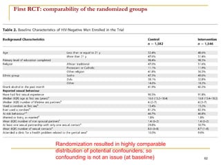 62
Randomization resulted in highly comparable
distribution of potential confounders; so
confounding is not an issue (at baseline)
First RCT: comparability of the randomized groups
 