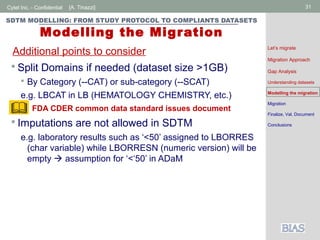 Cytel Inc. - Confidential 31[A. Tinazzi]
SDTM MODELLING: FROM STUDY PROTOCOL TO COMPLIANTS DATASETS
Modelling the Migration
 Split Domains if needed (dataset size >1GB)
 By Category (--CAT) or sub-category (--SCAT)
e.g. LBCAT in LB (HEMATOLOGY CHEMISTRY, etc.)
 Imputations are not allowed in SDTM
e.g. laboratory results such as ‘<50’ assigned to LBORRES
(char variable) while LBORRESN (numeric version) will be
empty  assumption for ‘<‘50’ in ADaM
Additional points to consider Let’s migrate
Migration Approach
Gap Analysis
Understanding datasets
Modelling the migration
Migration
Finalize, Val, Document
Conclusions
FDA CDER common data standard issues document
 