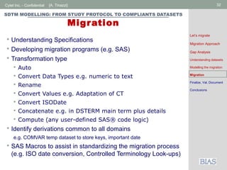Cytel Inc. - Confidential 32[A. Tinazzi]
SDTM MODELLING: FROM STUDY PROTOCOL TO COMPLIANTS DATASETS
Migration
 Understanding Specifications
 Developing migration programs (e.g. SAS)
 Transformation type
 Auto
 Convert Data Types e.g. numeric to text
 Rename
 Convert Values e.g. Adaptation of CT
 Convert ISODate
 Concatenate e.g. in DSTERM main term plus details
 Compute (any user-defined SAS® code logic)
 Identify derivations common to all domains
e.g. COMVAR temp dataset to store keys, important date
 SAS Macros to assist in standardizing the migration process
(e.g. ISO date conversion, Controlled Terminology Look-ups)
Let’s migrate
Migration Approach
Gap Analysis
Understanding datasets
Modelling the migration
Migration
Finalize, Val, Document
Conclusions
 