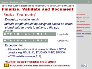 Cytel Inc. - Confidential 41[A. Tinazzi]
SDTM MODELLING: FROM STUDY PROTOCOL TO COMPLIANTS DATASETS
Finalize, Validate and Document
 Downsize variable length
Variable length should be assigned based on actual
stored data to avoid to minimize file size
 Exception for
 All variables with identical names in different SDTM
domains e.g. USUBJID, STUDYID, VISIT, EPOCH
 --DTC variables (always $19)
Finalize - Final ‘pruning’
H Y P E R K A L E M I A
AETERM
Length=14
H Y P E R K A L E M I A Length=12
“Warning” issued by Validation Check SD1081
Let’s migrate
Migration Approach
Gap Analysis
Understanding datasets
Modelling the migration
Migration
Finalize, Val, Document
Conclusions
FDA CDER Common Data Standards Issues Document
 