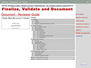 Cytel Inc. - Confidential 46[A. Tinazzi]
SDTM MODELLING: FROM STUDY PROTOCOL TO COMPLIANTS DATASETS
Finalize, Validate and Document
Document - Reviewer Guide Let’s migrate
Migration Approach
Gap Analysis
Understanding datasets
Modelling the migration
Migration
Finalize, Val, Document
Conclusions
 