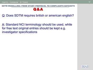 Cytel Inc. - Confidential 51[A. Tinazzi]
SDTM MODELLING: FROM STUDY PROTOCOL TO COMPLIANTS DATASETS
Q&A
Q: Does SDTM requires british or american english?
A: Standard NCI terminology should be used, while
for free text original entries should be kept e.g.
investigator specifications
 