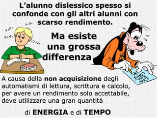 L’alunno dislessico spesso si
   confonde con gli altri alunni con
          scarso rendimento.

               Ma esiste
              una grossa
             differenza

A causa della non acquisizione degli
automatismi di lettura, scrittura e calcolo,
per avere un rendimento solo accettabile,
deve utilizzare una gran quantità
       di ENERGIA e di TEMPO
 