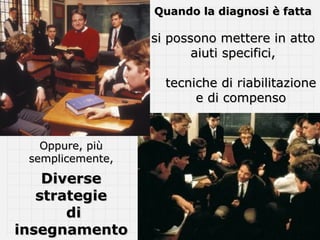 Quando la diagnosi è fatta

                  si possono mettere in atto
                         aiuti specifici,

                    tecniche di riabilitazione
                         e di compenso


   Oppure, più
 semplicemente,
    Diverse
   strategie
       di
insegnamento
 
