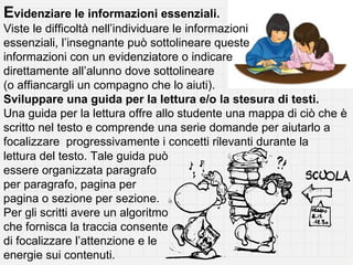 Evidenziare le informazioni essenziali.
Viste le difficoltà nell’individuare le informazioni
essenziali, l’insegnante può sottolineare queste
informazioni con un evidenziatore o indicare
direttamente all’alunno dove sottolineare
(o affiancargli un compagno che lo aiuti).
Sviluppare una guida per la lettura e/o la stesura di testi.
Una guida per la lettura offre allo studente una mappa di ciò che è
scritto nel testo e comprende una serie domande per aiutarlo a
focalizzare progressivamente i concetti rilevanti durante la
lettura del testo. Tale guida può
essere organizzata paragrafo
per paragrafo, pagina per
pagina o sezione per sezione.
Per gli scritti avere un algoritmo
che fornisca la traccia consente
di focalizzare l’attenzione e le
energie sui contenuti.
 