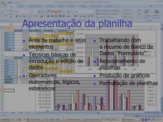 Apresentação da planilha Área de trabalho e seus elementos Técnicas básicas de introdução e edição de dadosOperadores matemáticos, lógicos, estatísticosTrabalhando com o recurso de Banco de Dados “Formulário”Relacionamento de planilhasProdução de gráficosFormatação de planilhas