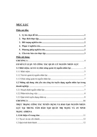 MỤC LỤC 
Phần mở đầu: 
1. Lý do chọn đề tài............................................................................................... 1 
2. Mục đích t hực tập............................................................................................. 2 
3. Đối tượng nghiên cứu ...................................................................................... 2 
4. Phạm vi nghiên cứu.......................................................................................... 2 
5. Phương phá p ng hiên cứu ................................................................................ 2 
6. Cấu trúc báo cáo thực tập .............................................................................. 3 
Phần nội dung: 
CHƯƠNG 1: .................................................................................................................. 4 
CƠ SỞ LÝ LUẬN VỀ CÔNG TÁC QUẢN LÝ NGUỒN NHÂN LỰC 
1.1 Khái ni ệm, vai trò và chức năng quản trị nguồn nhân l ực........................... 4 
1.1.1 Khái niệm............................................................................................................... 5 
1.1.2 Vai trò quản trị nguồn nhân lực .......................................................................... 7 
1.1.3 Chức năng quản trị nguồn nhân lực.................................................................... 7 
1.2 Những nội dung chủ yếu của công tác tuyển dụng nguồn nhân l ực trong 
doanh nghi ệp ................................................................................................................ 7 
1.2.1 Hoạch định nguồn nhân lực ................................................................................. 7 
1.2.2 Phân tích công việc ............................................................................................... 8 
1.2.3 Quá trình tuyển dụng nhân sự ............................................................................. 8 
CHƯƠNG 2: ................................................................................................................ 11 
THỰC TRẠNG CÔNG TÁC TUYỂN DỤNG VÀ ĐÀO TẠO NGUỒN NHÂN 
LỰC TẠI TRUNG TÂM ĐÀO TẠO QUẢN TRỊ MẠNG VÀ AN NINH 
MẠNG ATHENA 
1. Giới thiệu về trung tâm......................................................................................... 11 
1.1 Trụ sở và các chi nhánh......................................................................................... 12 
1.2 Quá trình hình thành .............................................................................................. 12 
 