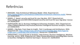 Referências
• DRAGON1. Data Architecture Reference Model. 2016. Disponível em:
https://www.dragon1.com/watch/272083/data-architecture-reference-model. Acesso
em 23/04/2019.
• DANIEL, C. Speed, security and trust for your big data. 2017. Disponível em:
https://blogs.sap.com/2017/09/21/speed-security-and-trust-for-your-big-data/. Acesso
em 24/04/2019.
• PURIFICAÇÃO, M.C.S. Business Intelligence & Business Analytics. 2012. Disponível em
:https://www.slideshare.net/mscesar/business-intelligence-business-analytics. Acesso
em 23/04/2019.
• DANKO, J. Big Data: From Hype to Insight - Part 1 Landscape and Architecture. 2016.
Disponível em: https://blogs.oracle.com/financialservices/big-data:-from-hype-to-
insight-part-1-landscape-and-architecture. Acesso em: 23/04/2019.
• DATASCIENCE. A Visual Guide to Analytics, Data Science, Business Intelligence, Machine
Learning, and AI. 2018. Disponível em: https://www.datascience.com/blog/data-science-
vs-business-intelligence-machine-learning-ai . Acesso em: 23/04/2019.
56
 