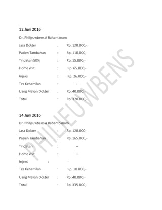 12 Juni 2016
Dr. PhiljeuwbensA Rahantknam
Jasa Dokter : Rp. 120.000,-
Pasien Tambahan : Rp. 110.000,-
Tindakan 50% : Rp. 15.000,-
Home visit : Rp. 65.000,-
Injeksi : Rp. 26.000,-
Tes Kehamilan : -
Uang Makan Dokter : Rp. 40.000,-
Total : Rp. 370.000,-
14 Juni 2016
Dr. PhiljeuwbensA Rahantoknam
Jasa Dokter : Rp. 120.000,-
Pasien Tambahan : Rp. 165.000,-
Tindakan : –
Home visit : –
Injeksi : -
Tes Kehamilan : Rp. 10.000,-
Uang Makan Dokter : Rp. 40.000,-
Total : Rp. 335.000,-
 