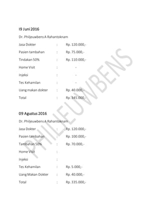 I9 Juni 2016
Dr. PhiljeuwbensA Rahantoknam
Jasa Dokter : Rp. 120.000,-
Pasien tambahan : Rp. 75.000,-
Tindakan 50% : Rp. 110.000,-
Home Visit : -
Injeksi : -
Tes Kehamilan : -
Uang makan dokter : Rp. 40.000,-
Total : Rp. 345.000,-
09 Agustus 2016
Dr. PhiljeuwbensA Rahantoknam
Jasa Dokter : Rp. 120.000,-
Pasien tambahan : Rp. 100.000,-
Tambahan 50% : Rp. 70.000,-
Home Visit :
Injeksi :
Tes Kehamilan : Rp. 5.000,-
Uang Makan Dokter : Rp. 40.000,-
Total : Rp. 335.000,-
 
