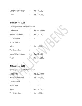 Uang Makan dokter : Rp. 40.000,-
Total : Rp. 450.000,-
3 November 2016
Dr. PhiljeuwbensA Rahantoknam
Jasa Dokter : Rp. 120.000,-
Pasien tambahan : Rp. 75.000,-
Tindakan 50% : -
Home Visit : -
Injeksi : Rp. 20.000,-
Tes Kehamilan : -
Uang Makan Dokter : Rp. 40.000,-
Total : Rp. 255.000,-
4 November 2016
Dr. PhiljeuwbensA Rahantokanm
Jasa Dokter : Rp. 120.000,-
Pasien tamabahan : Rp. 120.000,-
Tindakan 50% : -
Home Visit : -
Injeksi : Rp. 20.000,-
Tes Kehamilan : Rp. 15.000,-
 