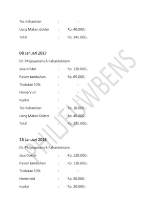 Tes Kehamilan : -
Uang Makan dokter : Rp. 40.000,-
Total : Rp. 345.000,-
08 Januari 2017
Dr. PhiljeuwbensA Rahantoknam
Jasa dokter : Rp. 120.000,-
Pasien tambahan : Rp. 65.000,-
Tindakan 50% : -
Home Visit : -
Injeksi : -
Tes Kehamilan : Rp. 10.000,-
Uang Makan Dokter : Rp. 40.000,-
Total : Rp. 235.000,-
15 Januari 2016
Dr. PhiljeuwbensA Rahantoknam
Jasa Dokter : Rp. 120.000,-
Pasien tambahan : Rp. 130.000,-
Tindakan 50% : -
Home visit : Rp. 50.000,-
Injeksi : Rp. 20.000,-
 