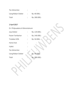 Tes Kehamilan : -
Uang Makan Dokter : Rp. 40.000,-
Total : Rp. 280.000,-
2 April 2017
Dr. PhiljeuwbensA Rahantoknam
Jasa Dokter : Rp. 120.000,-
Pasien Tambahan : Rp. 140.000,-
Tindakan 50% : Rp. 50.000,-
Home Visit : -
Injeksi : -
Tes Kehamilan : -
Uang Makan Dokter : Rp. 40.000,-
Total : Rp. 350.000,-
 