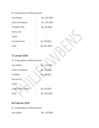 Dr. PhiljeuwbensA Rahantoknam
Jasa Dokter : Rp. 120.000,-
Pasien tambahan : Rp. 125.000,-
Tindakan 50% : Rp. 40.000,-
Home visit : -
Injeksi : -
Tes Kehamilan : Rp. 40.000,-
Total : Rp 365.000,-
31 januari 2016
Dr. PhiljeuwbensA Rahantoknam
Jasa dokter : Rp. 120.000,-
Pasien tambahan : Rp. 70.000,-
Tindakan : Rp. 20.000,-
Home Visit : -
Injeksi : -
Uang makan Dokter : Rp. 40.000,-
Total : Rp. 250.000,-
06 Februari 2016
Dr. PhiljeuwbensA Rahantoknam
Jasa dokter : Rp. 120.000,-
 