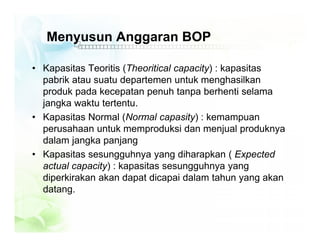 Menyusun Anggaran BOP
• Kapasitas Teoritis (Theoritical capacity) : kapasitas
pabrik atau suatu departemen untuk menghasilkan
produk pada kecepatan penuh tanpa berhenti selama
jangka waktu tertentu.
• Kapasitas Normal (Normal capasity) : kemampuan
perusahaan untuk memproduksi dan menjual produknya
dalam jangka panjang
• Kapasitas sesungguhnya yang diharapkan ( Expected
actual capacity) : kapasitas sesungguhnya yang
diperkirakan akan dapat dicapai dalam tahun yang akan
datang.
 