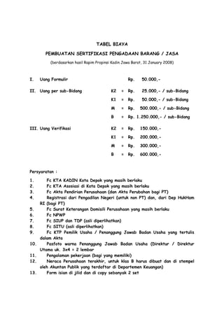 TABEL BIAYA
PEMBUATAN SERTIFIKASI PENGADAAN BARANG / JASA
(berdasarkan hasil Rapim Propinsi Kadin Jawa Barat, 31 January 2008)
I. Uang Formulir Rp. 50.000,-
II. Uang per sub-Bidang K2 = Rp. 25.000,- / sub-Bidang
K1 = Rp. 50.000,- / sub-Bidang
M = Rp. 500.000,- / sub-Bidang
B = Rp. 1.250.000,- / sub-Bidang
III. Uang Verifikasi K2 = Rp. 150.000,-
K1 = Rp. 200.000,-
M = Rp. 300.000,-
B = Rp. 600.000,-
Persyaratan :
1. Fc KTA KADIN Kota Depok yang masih berlaku
2. Fc KTA Asosiasi di Kota Depok yang masih berlaku
3. Fc Akta Pendirian Perusahaan (dan Akta Perubahan bagi PT)
4. Registrasi dari Pengadilan Negeri (untuk non PT) dan, dari Dep HukHam
RI (bagi PT)
5. Fc Surat Keterangan Domisili Perusahaan yang masih berlaku
6. Fc NPWP
7. Fc SIUP dan TDP (asli diperlihatkan)
8. Fc SITU (asli diperlihatkan)
9. Fc KTP Pemilik Usaha / Penanggung Jawab Badan Usaha yang tertulis
dalam Akta
10. Pasfoto warna Penanggung Jawab Badan Usaha (Direktur / Direktur
Utama uk. 3x4 = 2 lembar
11. Pengalaman pekerjaan (bagi yang memiliki)
12. Neraca Perusahaan terakhir, untuk klas B harus dibuat dan di stempel
oleh Akuntan Publik yang terdaftar di Departemen Keuangan)
13. Form isian di jilid dan di copy sebanyak 2 set
 