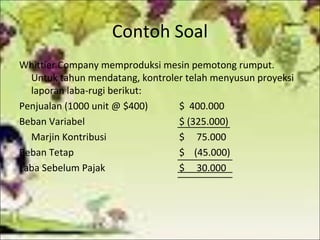 Contoh Soal
Whittier Company memproduksi mesin pemotong rumput.
Untuk tahun mendatang, kontroler telah menyusun proyeksi
laporan laba-rugi berikut:
Penjualan (1000 unit @ $400)
$ 400.000
Beban Variabel
$ (325.000)
Marjin Kontribusi
$ 75.000
Beban Tetap
$ (45.000)
Laba Sebelum Pajak
$ 30.000

 