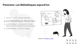 Illustrations by Pixeltrue on icons8
 Contexte : La loi et quelques statistiques
 La bibliothèque 3ème lieu
 La bibliothèque : un lieu pour vivre des
expériences et rencontrer ses concitoyens
 La bibliothèque : un lieu en réseau
Panorama- Les Bibliothèques aujourd’hui
 