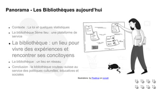 Illustrations by Pixeltrue on icons8
 Contexte : La loi et quelques statistiques
 La bibliothèque 3ème lieu : une plateforme de
service
 La bibliothèque : un lieu pour
vivre des expériences et
rencontrer ses concitoyens
 La bibliothèque : un lieu en réseau
 Conclusion : la bibliothèque couteau suisse au
service des politiques culturelles, éducatives et
sociales
Panorama - Les Bibliothèques aujourd’hui
 