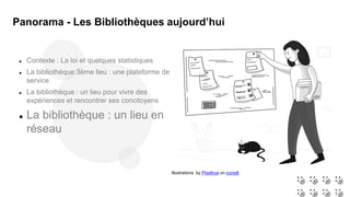Illustrations by Pixeltrue on icons8
 Contexte : La loi et quelques statistiques
 La bibliothèque 3ème lieu : une plateforme de
service
 La bibliothèque : un lieu pour vivre des
expériences et rencontrer ses concitoyens
 La bibliothèque : un lieu en
réseau
Panorama - Les Bibliothèques aujourd’hui
 