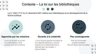 Contexte – La loi sur les bibliothèques
Approche par les missions Ouverte à la créativité Peu contraignante
La loi ne dit pas ce qu’est
une bibliothèque mais
quelles sont ses missions.
« la loi fixe les grands principes et
les objectifs généraux, tout en
laissant aux collectivités de la
latitude pour les remplir. »
Sylvie Robert
Pas de contraintes
supplémentaires
Pas de dépenses nouvelles
Loi n° 2021-1717 du 21 décembre 2021 relative aux bibliothèques et au développement de la
lecture publique
 