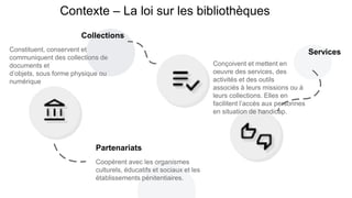 Coopèrent avec les organismes
culturels, éducatifs et sociaux et les
établissements pénitentiaires.
Partenariats
Constituent, conservent et
communiquent des collections de
documents et
d’objets, sous forme physique ou
numérique
Collections
Conçoivent et mettent en
oeuvre des services, des
activités et des outils
associés à leurs missions ou à
leurs collections. Elles en
facilitent l’accès aux personnes
en situation de handicap.
Services
Contexte – La loi sur les bibliothèques
 
