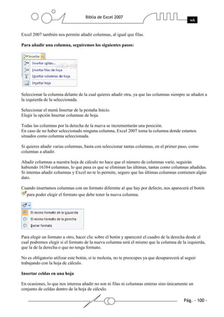 Excel 2007 también nos permite añadir columnas, al igual que filas.

Para añadir una columna, seguiremos los siguientes pasos:




Seleccionar la columna delante de la cual quieres añadir otra, ya que las columnas siempre se añaden a
la izquierda de la seleccionada.

Seleccionar el menú Insertar de la pestaña Inicio.
Elegir la opción Insertar columnas de hoja.

Todas las columnas por la derecha de la nueva se incrementarán una posición.
En caso de no haber seleccionado ninguna columna, Excel 2007 toma la columna donde estamos
situados como columna seleccionada.

Si quieres añadir varias columnas, basta con seleccionar tantas columnas, en el primer paso, como
columnas a añadir.

Añadir columnas a nuestra hoja de cálculo no hace que el número de columnas varíe, seguirán
habiendo 16384 columnas, lo que pasa es que se eliminan las últimas, tantas como columnas añadidas.
Si intentas añadir columnas y Excel no te lo permite, seguro que las últimas columnas contienen algún
dato.

Cuando insertamos columnas con un formato diferente al que hay por defecto, nos aparecerá el botón
  para poder elegir el formato que debe tener la nueva columna.




Para elegir un formato u otro, hacer clic sobre el botón y apareceré el cuadro de la derecha desde el
cual podremos elegir si el formato de la nueva columna será el mismo que la columna de la izquierda,
que la de la derecha o que no tenga formato.

No es obligatorio utilizar este botón, si te molesta, no te preocupes ya que desaparecerá al seguir
trabajando con la hoja de cálculo.

Insertar celdas en una hoja

En ocasiones, lo que nos interesa añadir no son ni filas ni columnas enteras sino únicamente un
conjunto de celdas dentro de la hoja de cálculo.
 