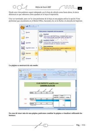 Desde esta vista podemos seguir trabajando con la hoja de cálculo como hasta ahora, la única
diferencia es que sabremos cómo quedará en la hoja al imprimirla.

Una vez terminado, para ver la vista preliminar de la hoja en una página utiliza la opción Vista
preliminar que encontrarás en el Botón Office, haciendo clic en la flecha a la derecha de Imprimir.




La página se mostrará de este modo:




En caso de tener más de una página, podremos cambiar la página a visualizar utilizando los
botones:
 