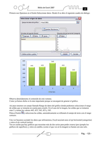 Primero nos fijaremos en el botón Seleccionar datos. Desde él se abre el siguiente cuadro de diálogo:




Observa detenidamente el contenido de esta ventana.
Como ya hemos dicho es la más importante porque se encargará de generar el gráfico.

Así pues tenemos un campo llamado Rango de datos del gráfico donde podremos seleccionar el rango
de celdas que se tomarán en cuenta para crearlo. En el caso de la imagen, las celdas que se tomaron
eran 5 y tenían los valores 445, 453, 545, 453 y 345.
Pulsa el botón     y selecciona las celdas, automáticamente se rellenará el campo de texto con el rango
correcto.

Una vez hayamos acotado los datos que utilizaremos, Excel asociará unos al eje horizontal (categorías)
y otros al eje vertical (series).
Ten en cuenta que hay gráficos que necesitan más de dos series para poder crearse (por ejemplo los
gráficos de superficie), y otros en cambio, (como el que ves en la imagen) se bastan con uno solo.
 