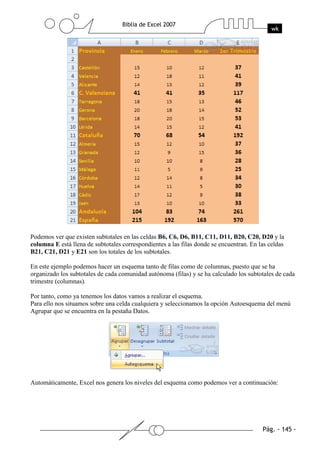 Podemos ver que existen subtotales en las celdas B6, C6, D6, B11, C11, D11, B20, C20, D20 y la
columna E está llena de subtotales correspondientes a las filas donde se encuentran. En las celdas
B21, C21, D21 y E21 son los totales de los subtotales.

En este ejemplo podemos hacer un esquema tanto de filas como de columnas, puesto que se ha
organizado los subtotales de cada comunidad autónoma (filas) y se ha calculado los subtotales de cada
trimestre (columnas).

Por tanto, como ya tenemos los datos vamos a realizar el esquema.
Para ello nos situamos sobre una celda cualquiera y seleccionamos la opción Autoesquema del menú
Agrupar que se encuentra en la pestaña Datos.




Automáticamente, Excel nos genera los niveles del esquema como podemos ver a continuación:
 