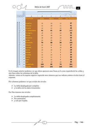 En la imagen anterior podemos ver que ahora aparecen unas líneas en la zona izquierda de las celdas y
otra línea sobre las columnas de la tabla.
Además, vemos en la esquina superior izquierda unos números que nos indican cuántos niveles tiene el
esquema.

Por columnas podemos ver que existen dos niveles:

       La tabla desplegada por completo
       y la tabla con los datos trimestrales.

Por filas tenemos tres niveles:

       La tabla desplegada completamente
       Por autonomías
       y solo por España.
 