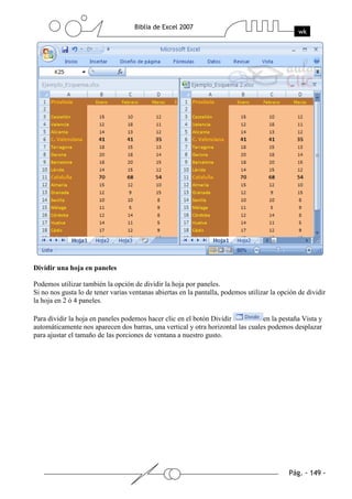 Dividir una hoja en paneles

Podemos utilizar también la opción de dividir la hoja por paneles.
Si no nos gusta lo de tener varias ventanas abiertas en la pantalla, podemos utilizar la opción de dividir
la hoja en 2 ó 4 paneles.

Para dividir la hoja en paneles podemos hacer clic en el botón Dividir           en la pestaña Vista y
automáticamente nos aparecen dos barras, una vertical y otra horizontal las cuales podemos desplazar
para ajustar el tamaño de las porciones de ventana a nuestro gusto.
 