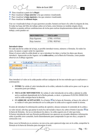 Para visualizar a partir de la Hoja1.
   Para visualizar la hoja anterior a las que estamos visualizando.
   Para visualizar la hoja siguiente a las que estamos visualizando.
   Para visualizar las últimas hojas.

Una vez visualizada la hoja a la que queremos acceder, bastará con hacer clic sobre la etiqueta de ésta.
Si todas las hojas del libro de trabajo caben en la barra, estos botones no tendrán ningún efecto.
También se pueden utilizar combinaciones de teclas para realizar desplazamientos dentro del libro de
trabajo, como pueden ser:

                           MOVIMIENTO              TECLADO
                           Hoja Siguiente          CTRL+AVPAG
                           Hoja Anterior           CTRL+REPAG

Introducir datos
En cada una de las celdas de la hoja, es posible introducir textos, números o fórmulas. En todos los
casos, los pasos a seguir serán los siguientes:
Situar el cursor sobre la celda donde se van a introducir los datos y teclear los datos que desees
introducir. Aparecerán en dos lugares: en la celda activa y en la Barra de Fórmulas, como puedes
observar en el dibujo siguiente:




Para introducir el valor en la celda puedes utilizar cualquiera de los tres métodos que te explicamos a
continuación:

       INTRO: Se valida el valor introducido en la celda y además la celda activa pasa a ser la que se
       encuentra justo por debajo.

       TECLAS DE MOVIMIENTO: Se valida el valor introducido en la celda y además la celda
       activa cambiará dependiendo de la flecha pulsada, es decir, si pulsamos FLECHA DERECHA
       será la celda contigua hacia la derecha.
       CUADRO DE ACEPTACIÓN: Es el botón                   de la barra de fórmulas, al hacer clic sobre él
       se valida el valor para introducirlo en la celda pero la celda activa seguirá siendo la misma.

Si antes de introducir la información cambias de opinión y deseas restaurar el contenido de la celda a
su valor inicial, sólo hay que pulsar la tecla Esc del teclado o hacer clic sobre el botón Cancelar  de
la barra de fórmulas. Así no se introducen los datos y la celda seguirá con el valor que tenía.
Si hemos introducido mal una fórmula posiblemente nos aparezca un recuadro dándonos información
sobre el posible error cometido, leerlo detenidamente para comprender lo que nos dice y aceptar la
corrección o no.

Otras veces la fórmula no es correcta y no nos avisa, pero aparecerá algo raro en la celda, comprobar la
fórmula en la barra de fórmulas para encontrar el error.
 