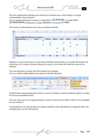 Para ello simplemente tendremos que arrastrar los elementos que vemos listados a su lugar
correspondiente al pie del panel.
En este ejemplo deberíamos arrastrar el campo REF a                , el campo MES a
                   y finalmente el campo IMPORTE a la sección             .

Tras realizar la tabla dinámica este sería el resultado obtenido.




Podemos ver que la estructura es la que hemos definido anteriormente, en el campo fila tenemos las
referencias, en el campo columnas tenemos los meses y en el centro de la tabla las sumas de los
importes.

Con esta estructura es mucho más fácil analizar los resultados.
Una vez creada la tabla dinámica nos aparece la pestaña Opciones:




El panel lateral seguirá pudiéndose utilizar, así que en cualquier momento podremos quitar un campo
de un zona arrastrándolo fuera.

Con esto vemos que en un segundo podemos variar la estructura de la tabla y obtener otros resultados
sin casi esfuerzos.

Si arrastrásemos a la zona de datos los campos cantidad y total, obtendríamos la siguiente tabla, más
compleja pero con más información:
 